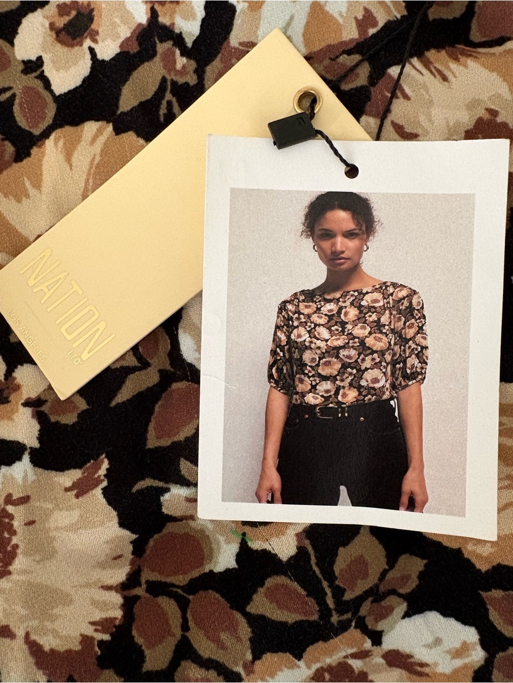 NWT-Nation LTD Brown Floral Puff-Sleeve Blouse